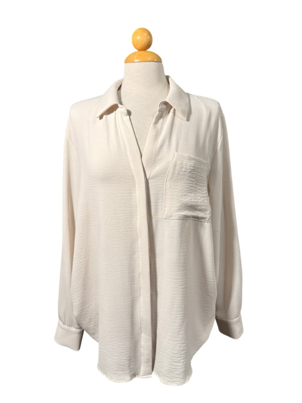 Relaxed Cream Button-Front Long Sleeve Shirt